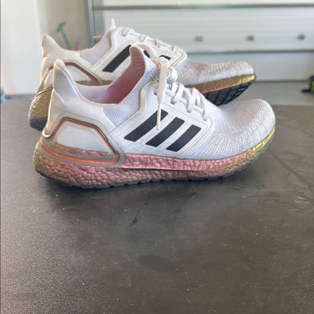 Adidas White Sneakers with Pink-Gold Sole